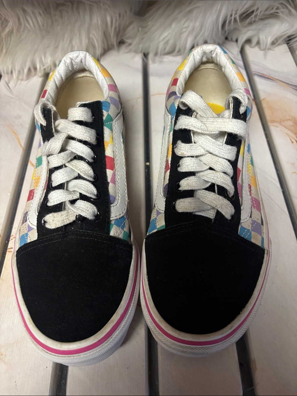 Kids Vans Old Skool Rainbow Checkerboard Low‎ Skate Shoes Sneakers Size 3.5 - Picture 3 of 8
